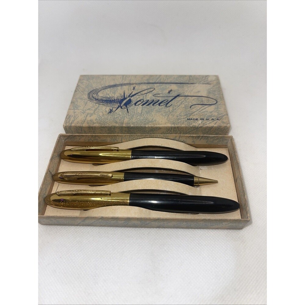Vintage Comet Fountain Pen 14kt gold Fine nib, Pencil & Pen Set in Box